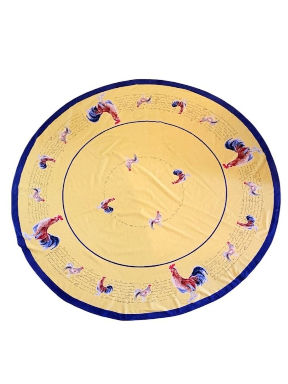 VTG Williams Sonoma Rooster Script Round Tablecloth French Country Yellow Navy